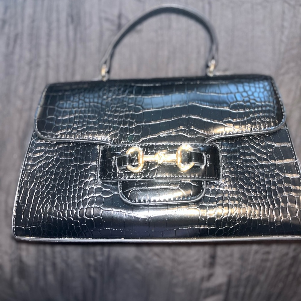 Elegant Black Crocodile-Embossed Handbag